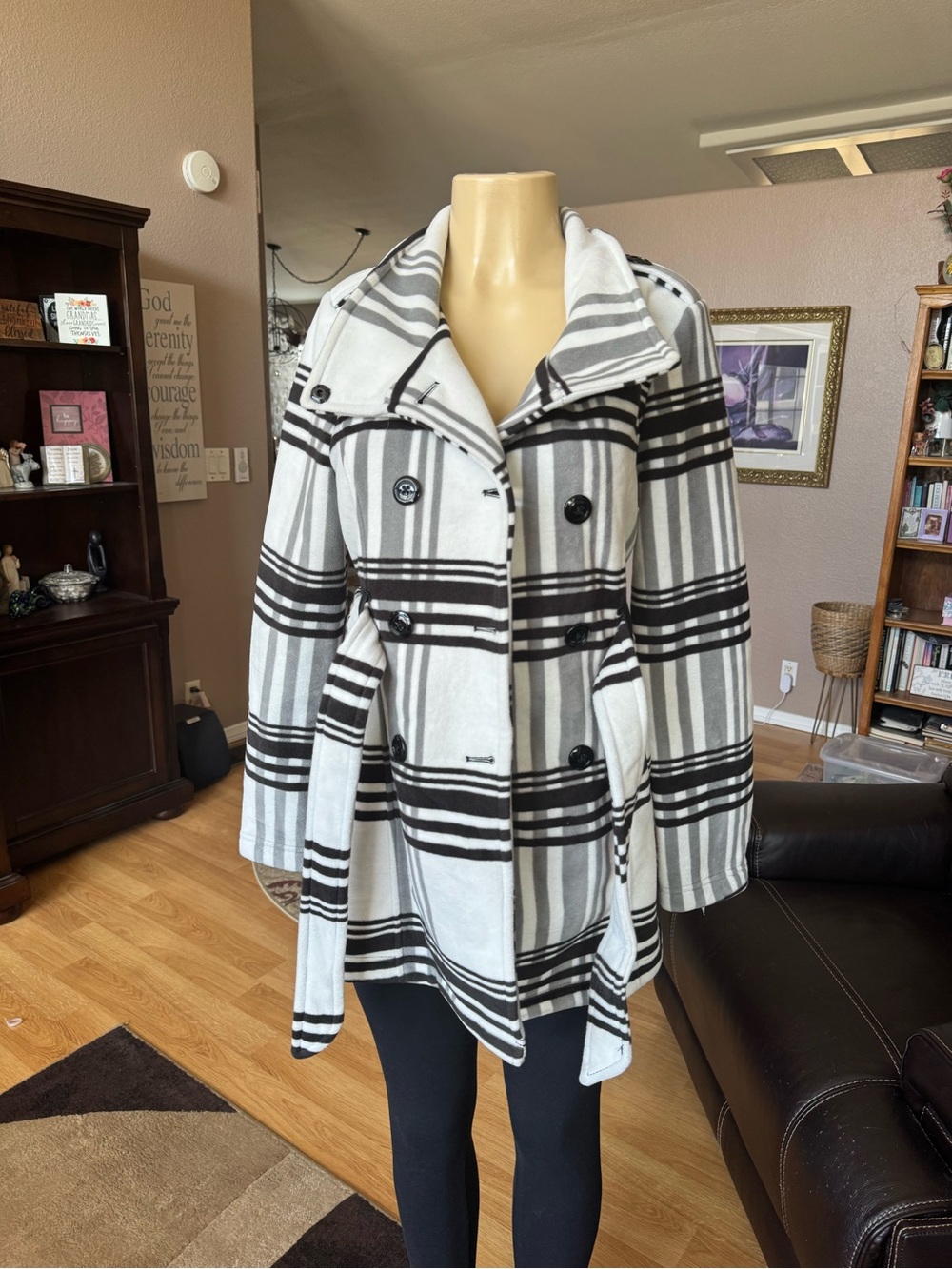 BCX black & white plaid peacoat w/double breasted front-size M